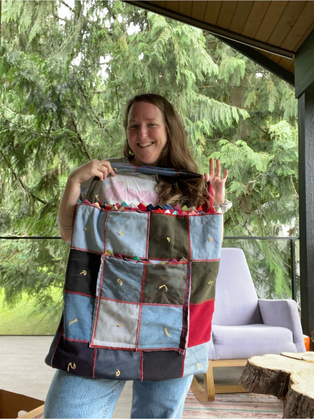 Handmade denim patchwork quilted weekender tote bag